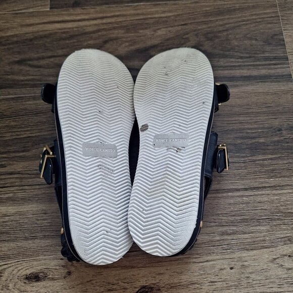 💙 Vince Camuto Anivay Leather Platform Sandals Size 11 Black Gold - Picture 5 of 8